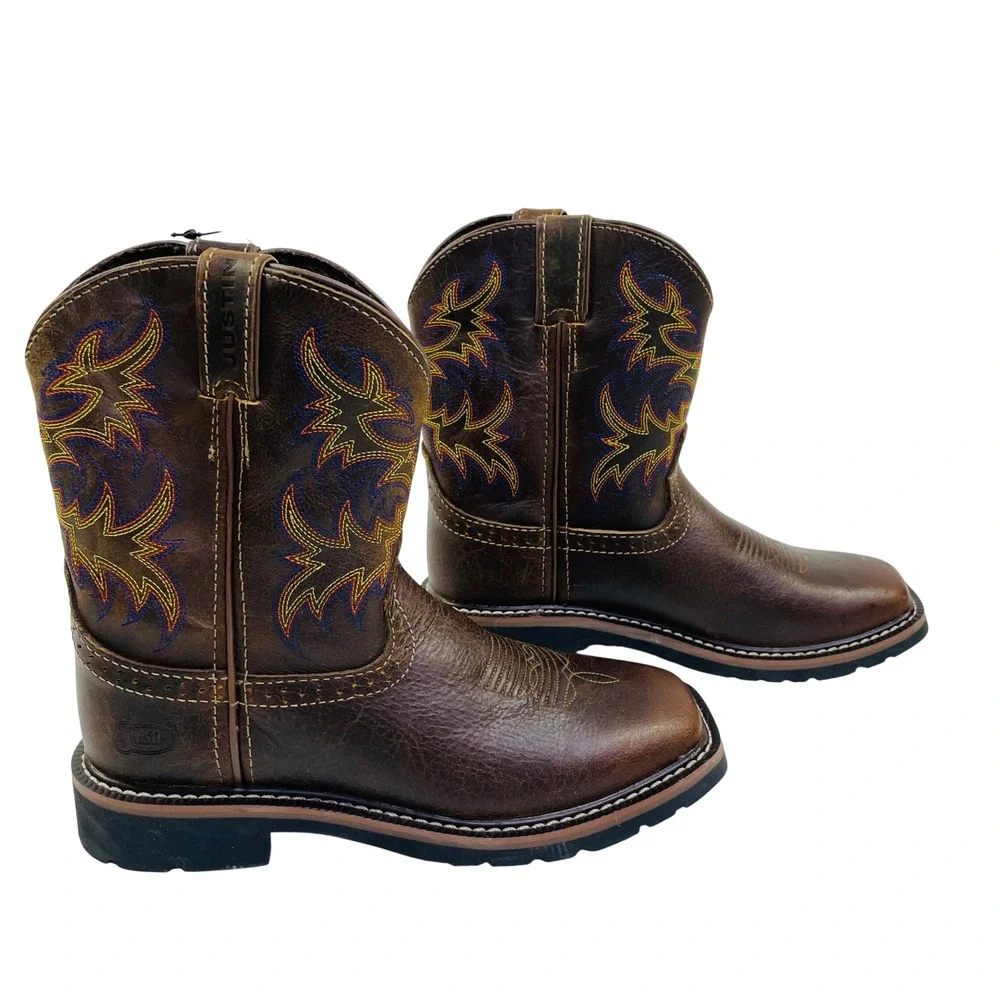 Justin Kids Brown Leather Square Toe Western Work Boots 4681JR Size 3 D
